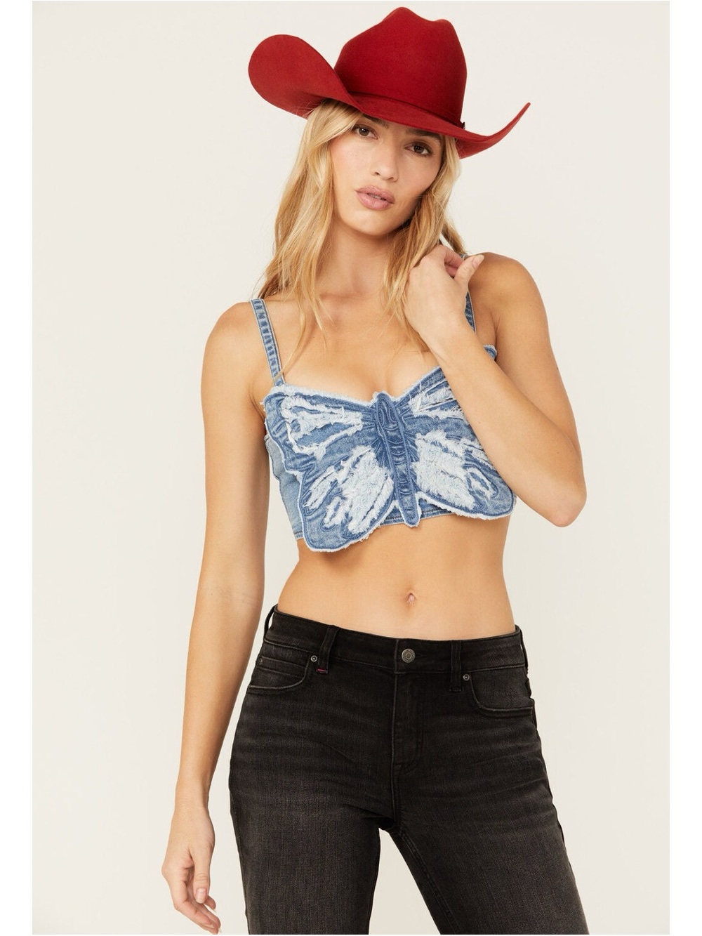 Butterfly Denim Crop Tank Top - Blue